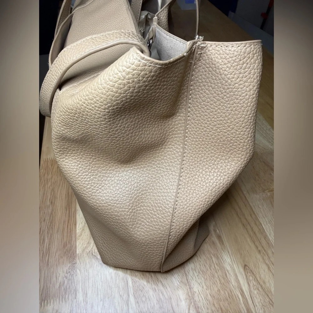 Halston Pebbled Leather Tote Bag Large Taupe Beige Shoulder Bag Minimalist Purse